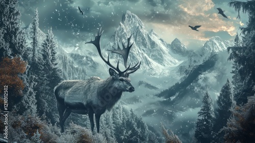 a stunning mountain landscape captured in this digital art piece, with elements of frostpunk and wildlife photography