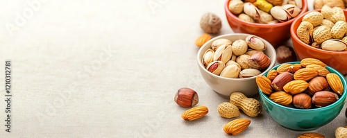 A variety of nuts in colorful bowls on a rustic table for healthy snacks.
