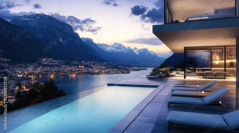 Fototapeta premium Elegant modern villa with twilight hues, majestic mountain backdrop, shimmering infinity pool, and panoramic views of a sparkling skyline.