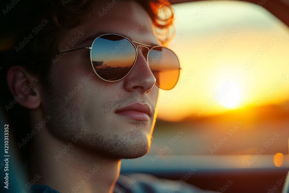 Generative AI Image of a Person Traveling by Car and Admiring the Beautiful Sunset Through the Window Generative AI Image of a Person Traveling by Car and Admiring the Beautiful Sunset Through the Window
