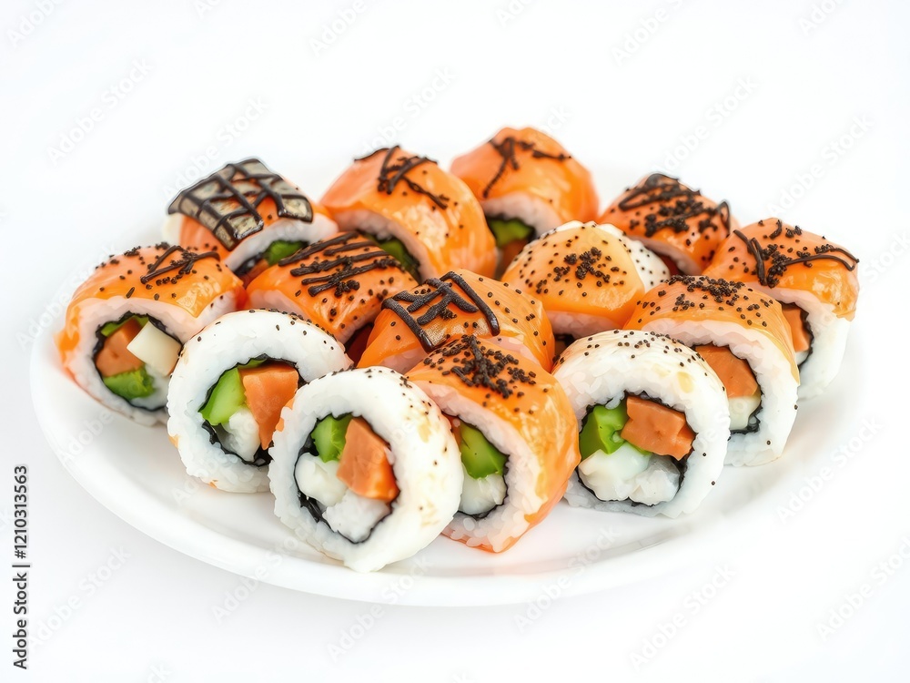 Beautifully arranged sushi rolls on a white plate, appetite, Japanese cuisine Beautifully arranged sushi rolls on a white plate, appetite, Japanese cuisine