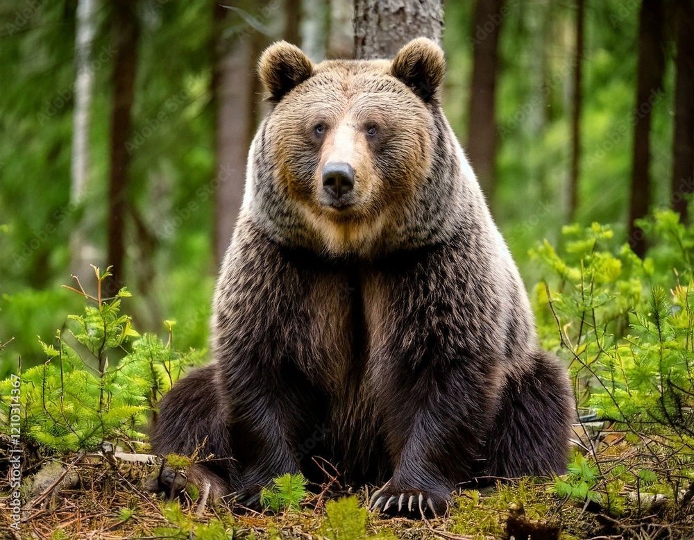 Brown bear has sat down and is relaxing in the forest. Brown bear has sat down and is relaxing in the forest.