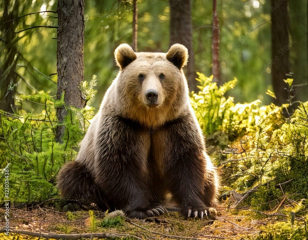 Obraz premium Brown bear has sat down and is relaxing in the forest.