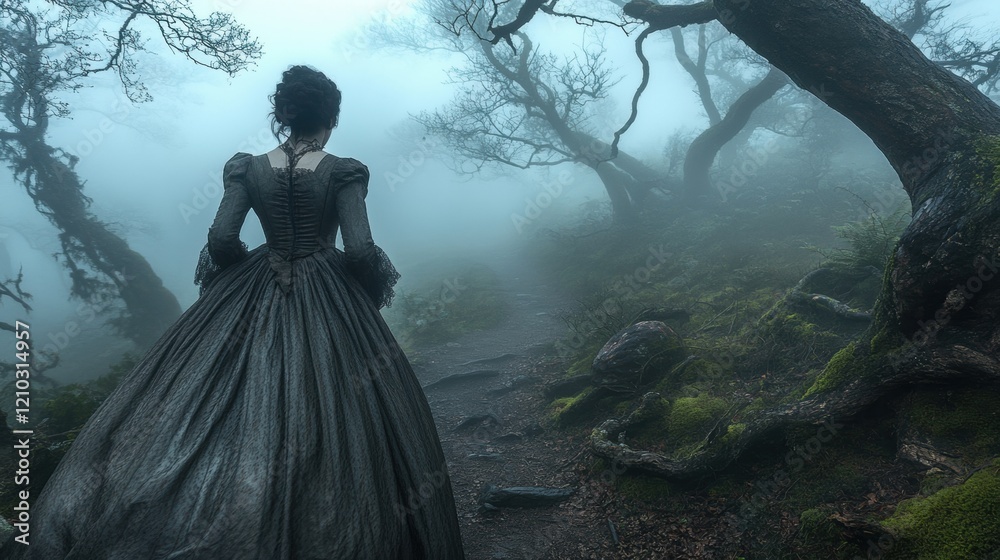 Mysterious Woman in Foggy Forest Wearing Elegant Victorian Dress