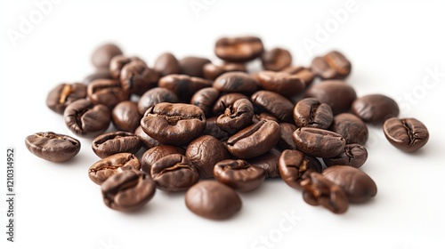 Close-up of roasted coffee beans scattered on a clean white background, showcasing their rich brown color, smooth texture, and inviting, aromatic appeal.