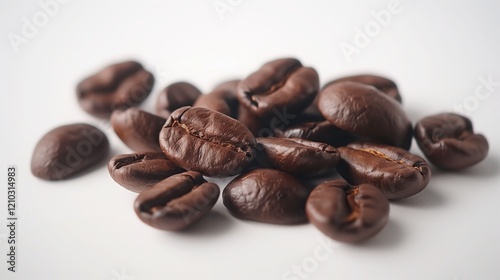 Close-up of roasted coffee beans scattered on a clean white background, showcasing their rich brown color, smooth texture, and inviting, aromatic appeal.