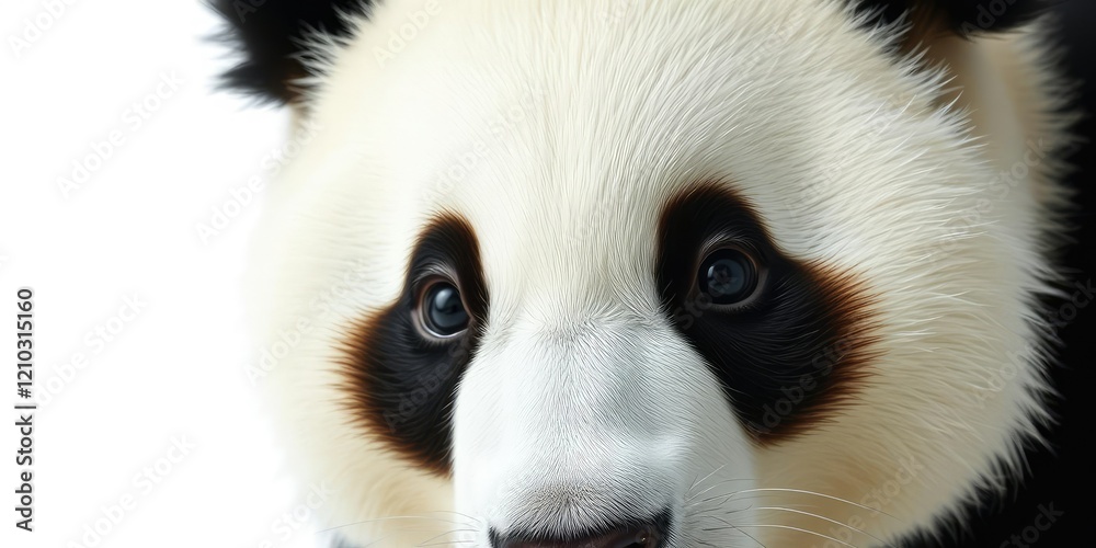 Obraz premium Close-up of giant panda's face on white background, nose, ears, facial features