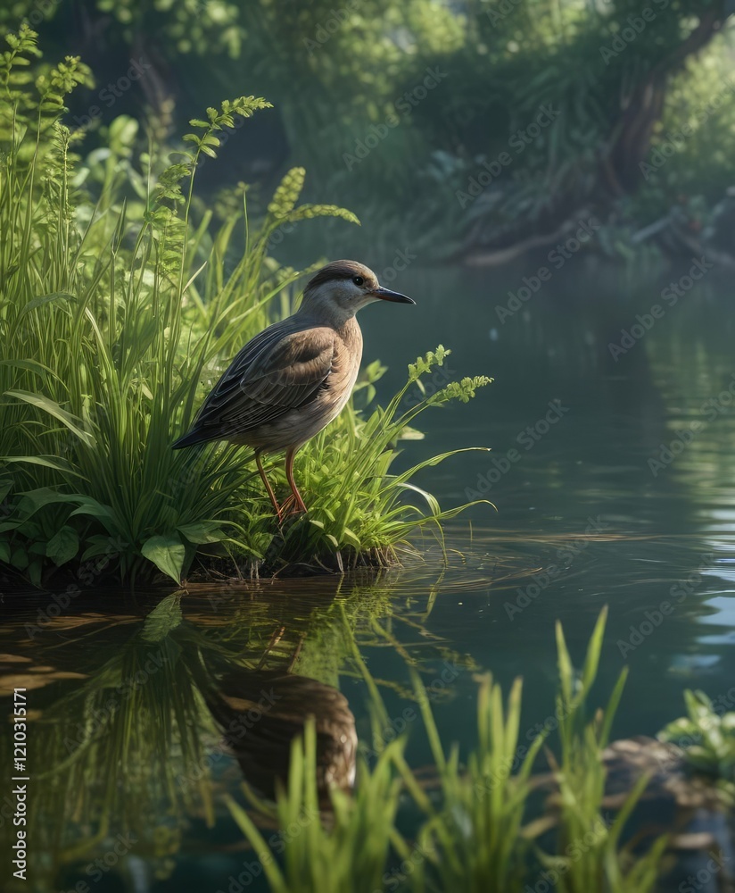 Bird hiding in aquatic vegetation near the lake's edge , landscape, plant, vegetation Bird hiding in aquatic vegetation near the lake's edge , landscape, plant, vegetation