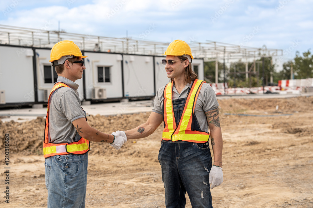 Two construction workers wearing hard hats and safety vests shaking hands at a construction site, symbolizing collaboration and successful teamwork with modular units in the background.