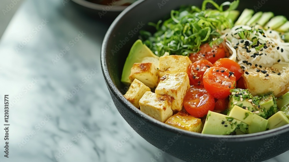 Fresh and healthy Buddha bowl with avocado, tomatoes, and tofu, displayed on a stylish marble table with ample space for text. Fresh and healthy Buddha bowl with avocado, tomatoes, and tofu, displayed on a stylish marble table with ample space for text.