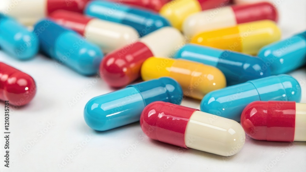 Close-up of individual antimicrobial capsule pills with vibrant colors, health, antimicrobial, pill Close-up of individual antimicrobial capsule pills with vibrant colors, health, antimicrobial, pill