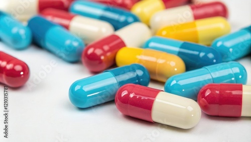 Close-up of individual antimicrobial capsule pills with vibrant colors, health, antimicrobial, pill