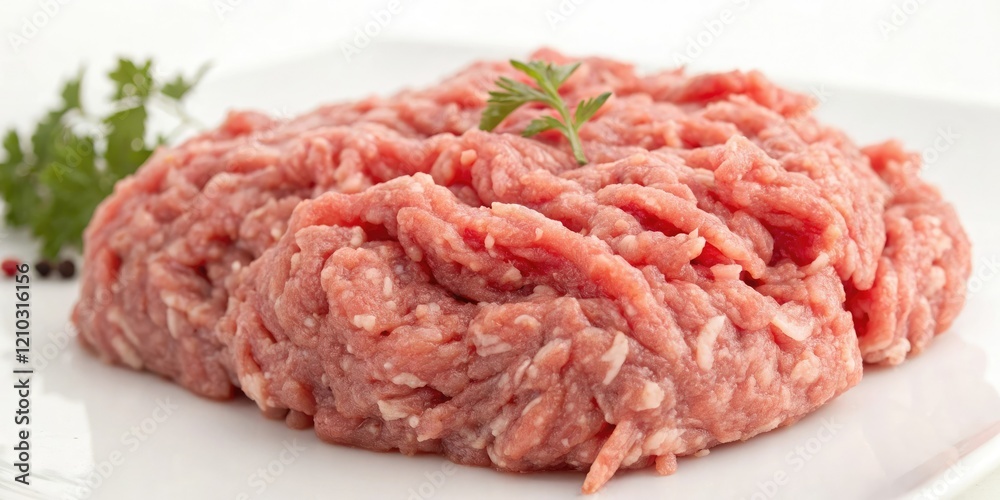 Close-up of minced meat on white background with visible fat and fibers, butcher, food, texture, ground, raw Close-up of minced meat on white background with visible fat and fibers, butcher, food, texture, ground, raw