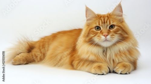 Majestic Orange Cat with Fluffy Fur Lying on White Background
