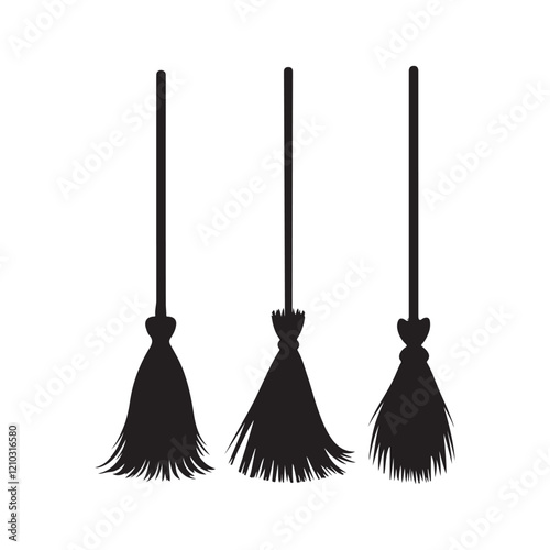 witches' brooms Halloween accessories various broom designs silhouette vector art illustration