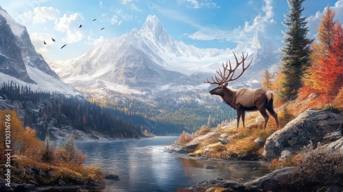 a stunning mountain landscape captured in this digital art piece, with elements of frostpunk and wildlife photography