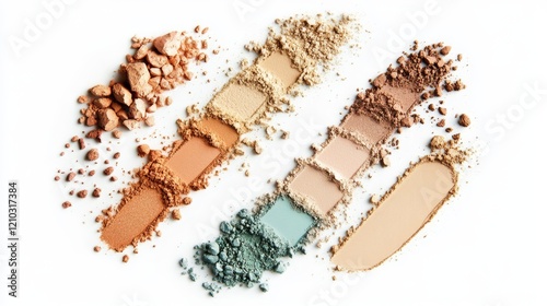 Skin foundation smears, dry powder, eye shadows makeup brush strokes set. Beauty make up cosmetics texture swatch, smudge trace samples isolated on white background. Realistic 3d vector illustration