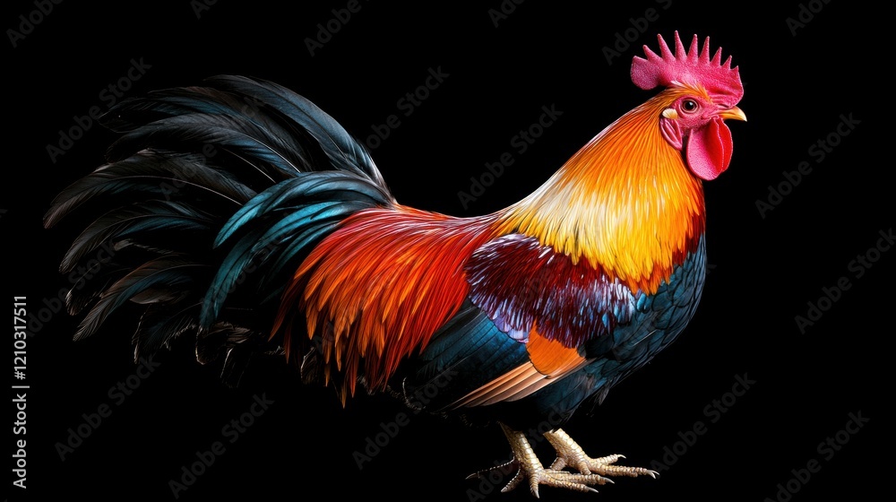 Fototapeta premium Vibrant Rooster with Colorful Feathers Against Black Background