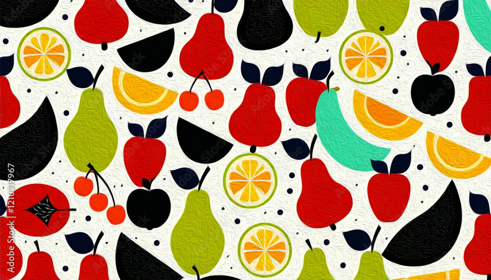 Fototapeta premium Fruit pattern for printing on wall decorations, covers, wallpapers, fabrics. Minimalist shapes. Oil paint