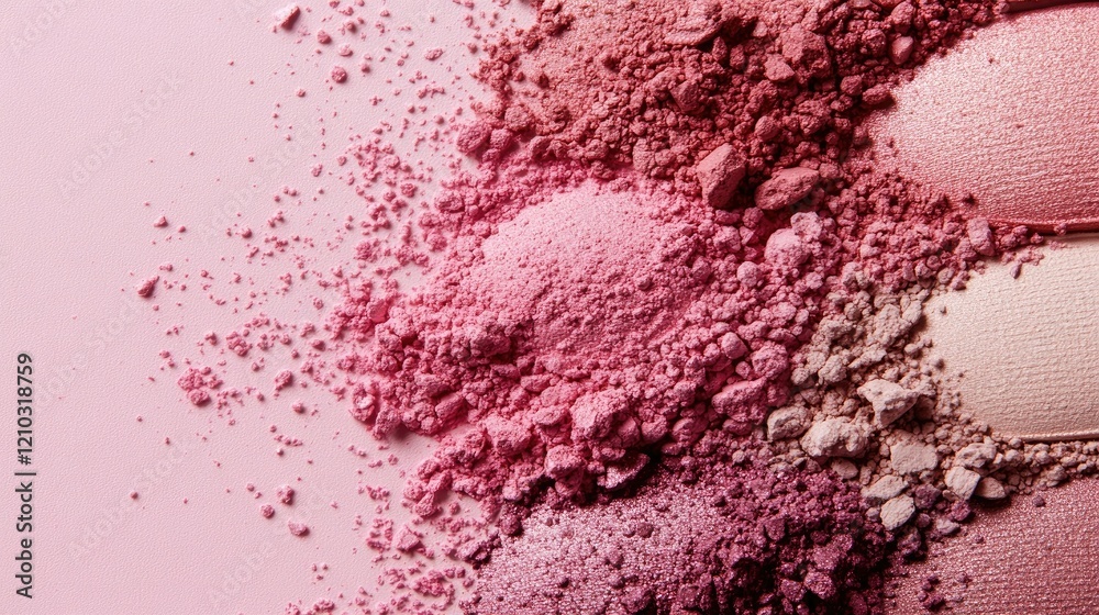 Makeup essentials and swatches beautifully displayed on a soft pink backdrop, perfect for showcasing beauty and cosmetics.