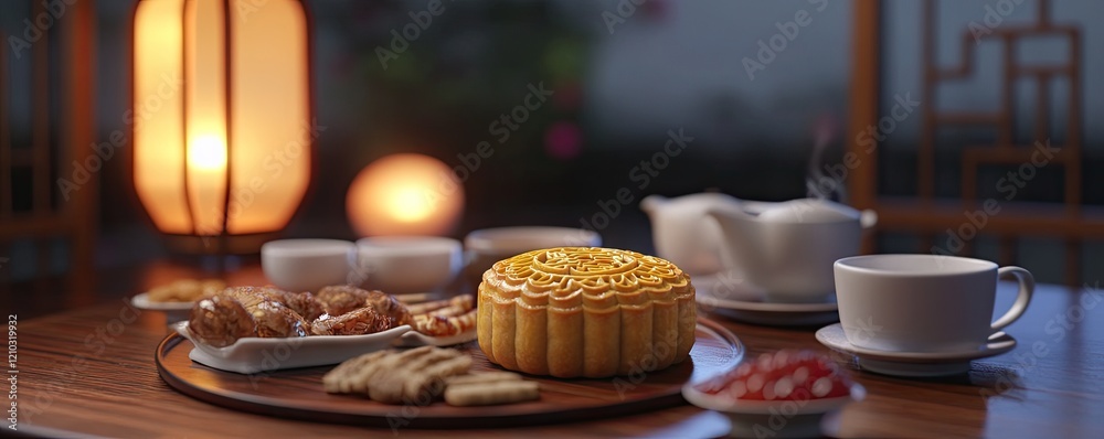 Obraz premium Mooncake tea ceremony, Asian home, autumn evening. Festive food