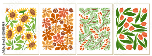 Four seasonal illustrations representing sunflowers, autumn leaves, fir branches with candy canes, and tulips isolated on white backgrounds. Vector set of posters