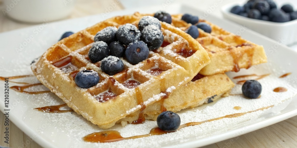 Breakfast Waffle with Fresh Blueberries and Sweet Syrup, blueberries, breakfast plate Breakfast Waffle with Fresh Blueberries and Sweet Syrup, blueberries, breakfast plate