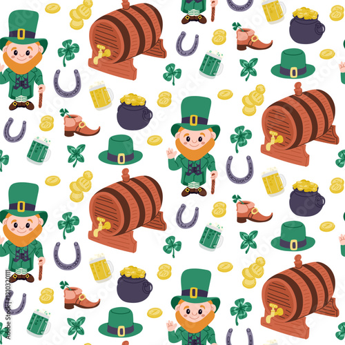 St Patricks Day seamless pattern with leprechauns, barrels, coins, clovers, hats, shoes, beer mugs, and horseshoes isolated on white background. Vector holiday illustration with hand drawn drawings