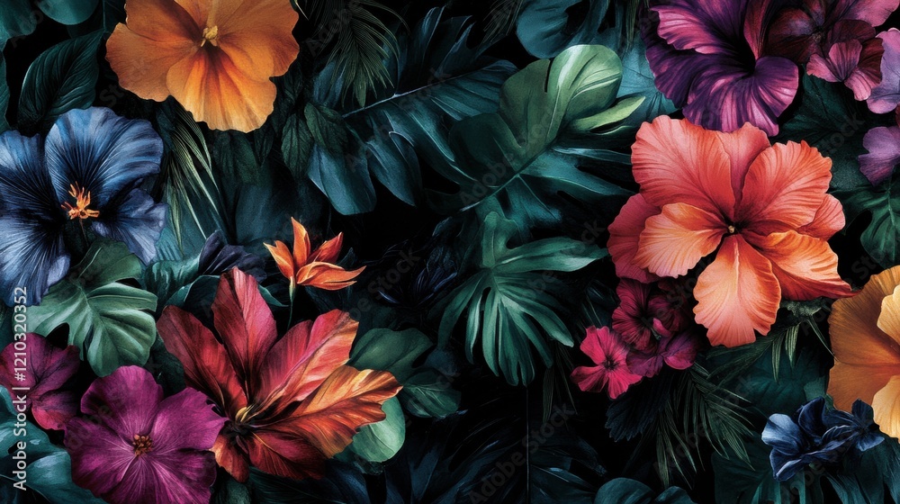Vibrant Tropical Floral Texture with Diverse Leaves and Flowers Vibrant Tropical Floral Texture with Diverse Leaves and Flowers