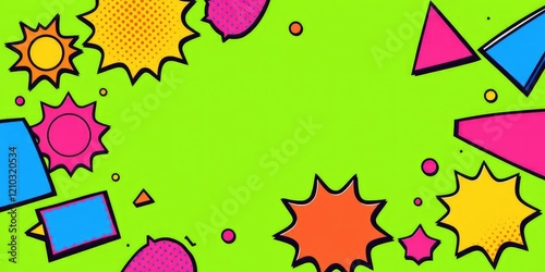 Bright green background with bold comic book-style shapes and geometric patterns, graphicdesign, funny photo
