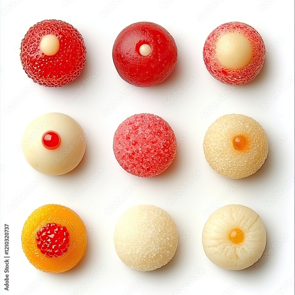 Colorful gummy candies arranged on white background, food photography for website or cookbook