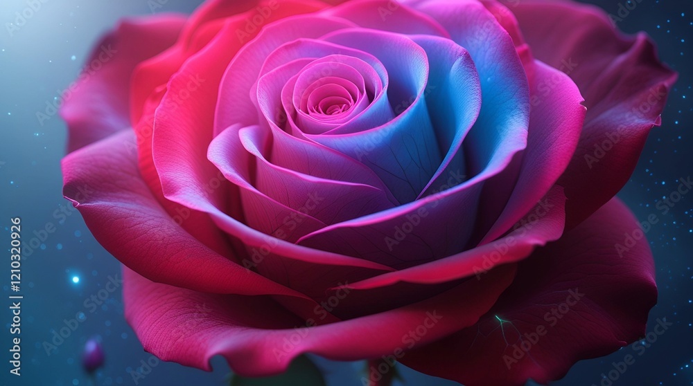 a rose with petals transforming from a traditional red rose to futuristic neon colors as they spiral upwards a rose with petals transforming from a traditional red rose to futuristic neon colors as they spiral upwards