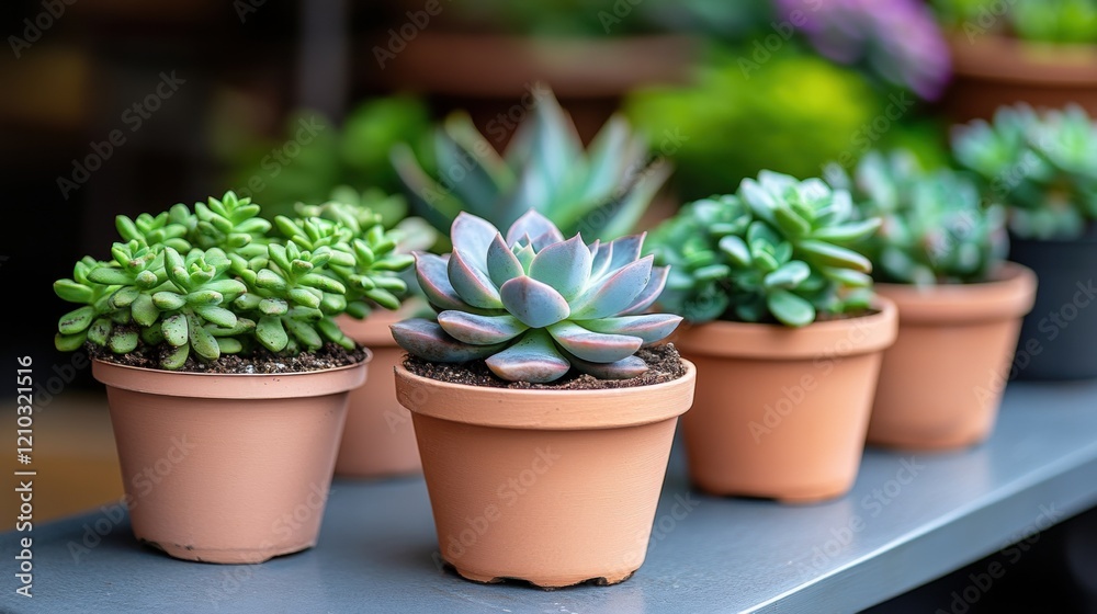 Colorful Succulent Plants in Clay Pots on Wooden Shelf Display Colorful Succulent Plants in Clay Pots on Wooden Shelf Display