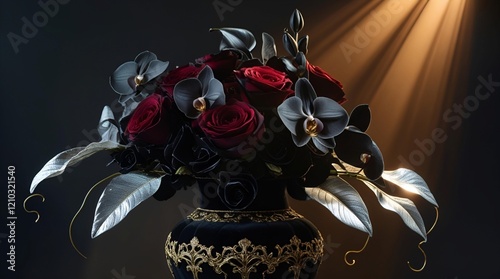 dark roses, black orchids, and silver leaves arranged in an ornate vase, with a soft spotlight creating dramatic shadows photo