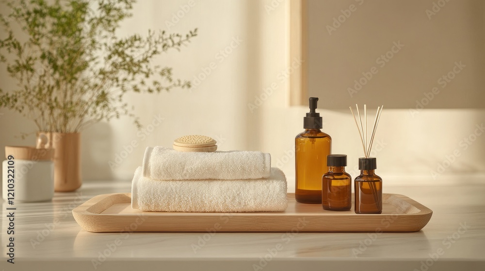 Minimalist spa arrangement with a diffuser, amber bottles, and soft towels on a wooden tray, set against a serene background. Minimalist spa arrangement with a diffuser, amber bottles, and soft towels on a wooden tray, set against a serene background.