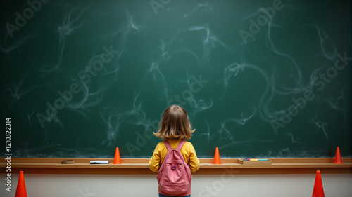 A young child stands before a green chalkboard, showcasing curiosity and learning potential. photo