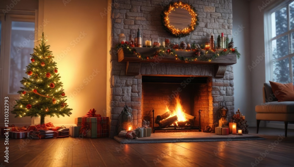 Burning fireplace with a Christmas tree on the mantle, fireplace, candles, evergreen Burning fireplace with a Christmas tree on the mantle, fireplace, candles, evergreen