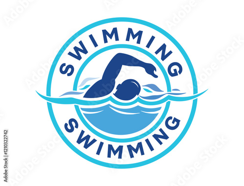 Swimming Logo Design with Stylish Swimmer and Water Waves