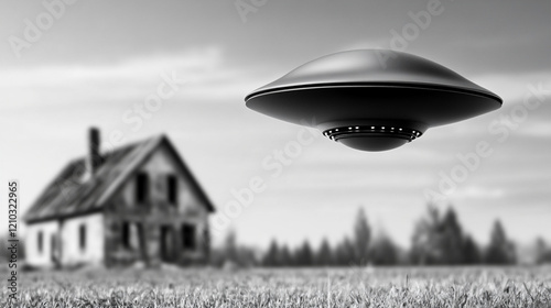 Desolate Black-And-White Landscape Featuring a UFO Hovering Near a Dilapidated House