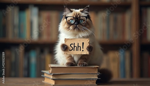 Quiet Cat with Glasses Holding Shhh Sign on Books