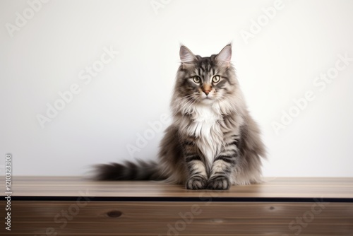 Portrait of a cute norwegian forest cat on minimalist or empty room background photo