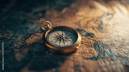 Vintage compass on an ancient world map photo