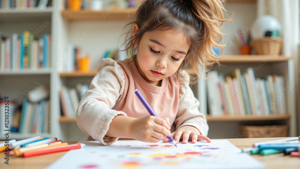 A young girl engages in creative drawing with colorful crayons, showcasing her artistic skills. A young girl engages in creative drawing with colorful crayons, showcasing her artistic skills.