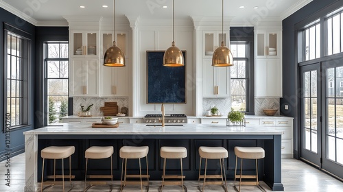 Modern kitchen island, navy cabinets, gold lighting, natural light,  home design inspiration photo