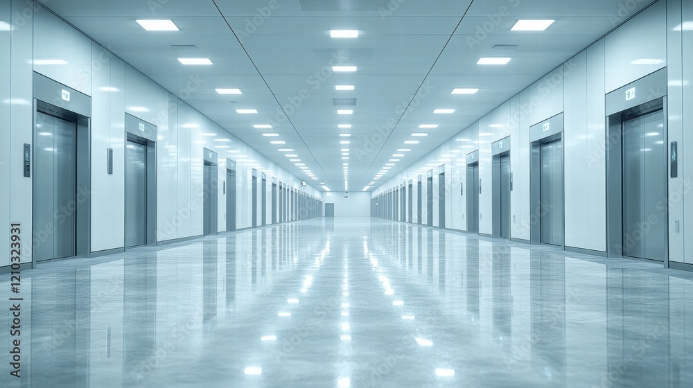 Fototapeta premium Elevator Lobby Scene Modern Building Realistic Photo Clean Environment Wide Angle Metallic Shine Concept