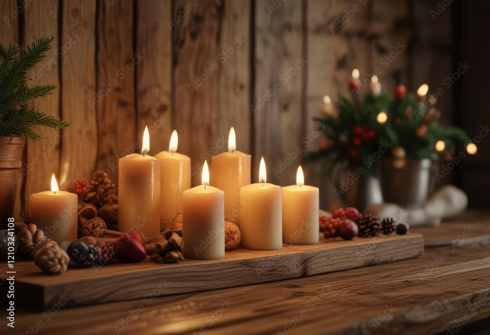 Candles on a wooden bench against a cozy Advent background, advent candles, natural textures, rustic decor Candles on a wooden bench against a cozy Advent background, advent candles, natural textures, rustic decor