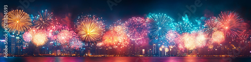 A fireworks display against the night sky, Vibrant new years banner with  fireworks and cheering crowd, Colorful fireworks exploding in the night sky during a festive celebration, Colorful fireworks.