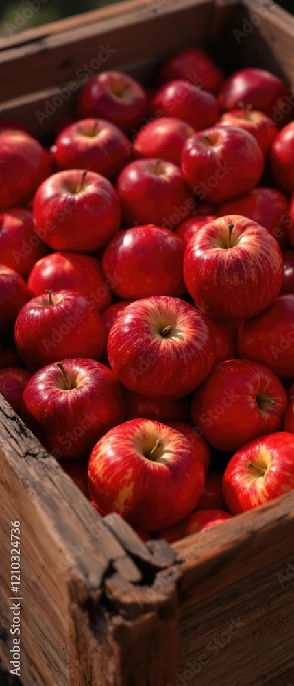 Close up of wooden crate filled with bright red apples, Raw, Vitamin C, Whole, Fruit, Juicy Close up of wooden crate filled with bright red apples, Raw, Vitamin C, Whole, Fruit, Juicy