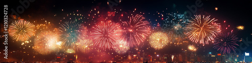 A fireworks display against the night sky, Vibrant new years banner with  fireworks and cheering crowd, Colorful fireworks exploding in the night sky during a festive celebration, Colorful fireworks.