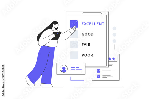 Feedback concept. Character Woman fills out questionnaire form and gives excellent mark. Customer satisfaction ranking. Flat Cartoon Vector Illustration, icon. Stylish abstract 